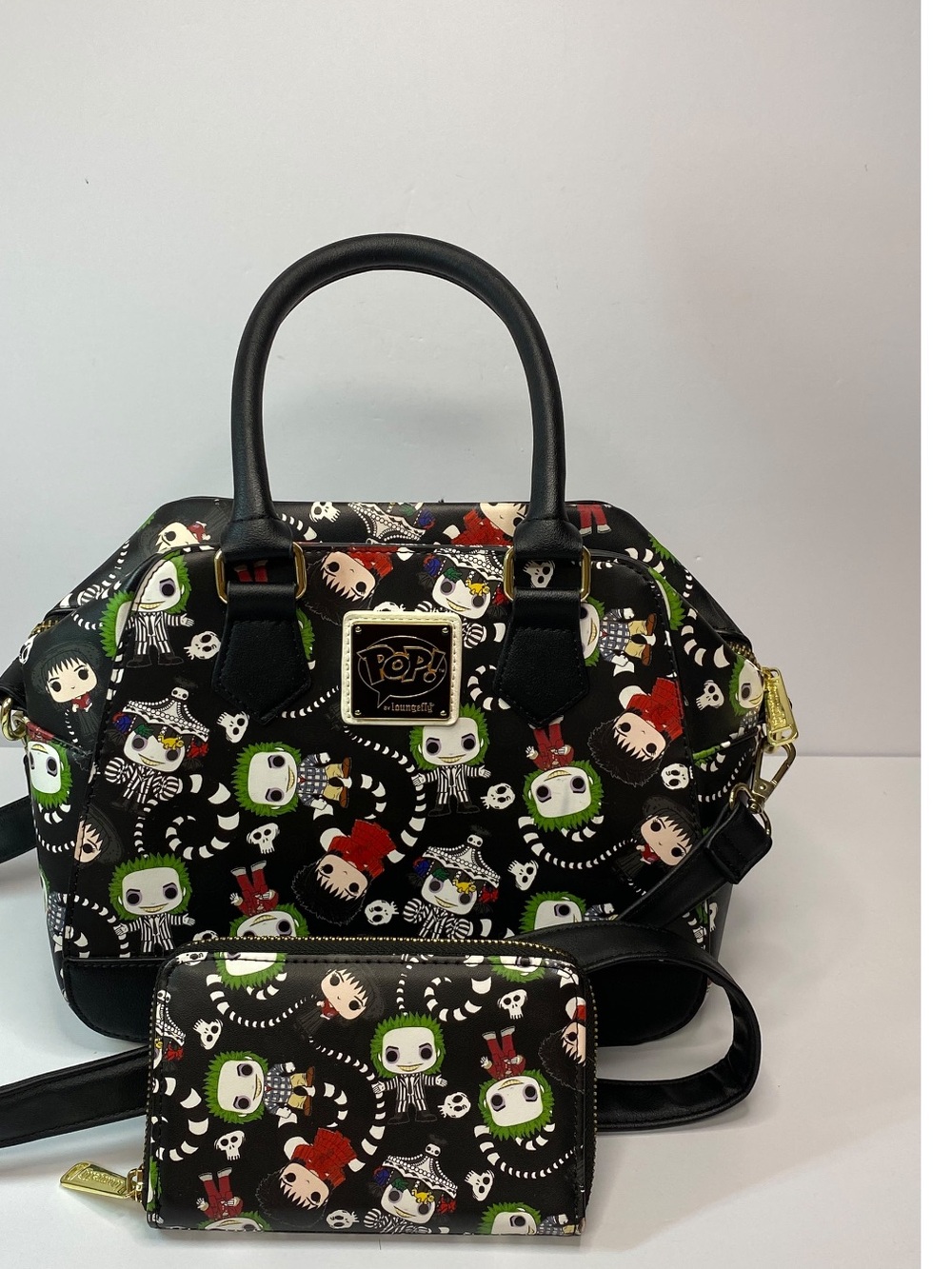 Loungefly Beetlejuice Funko Pop Crossbody Satchel Bag Purse & Wallet Set AOP